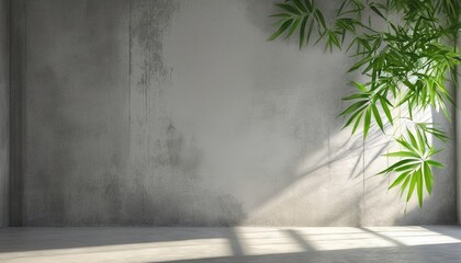 Fototapeta premium Studio Background: Bamboo Leaves Shadow on Grey Concrete Wall