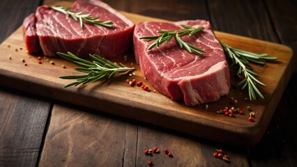 Closeup of fresh red raw steak meat on wooden board with rosemary and spices kitchen table background, cooking butchering concept