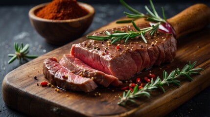 Closeup of fresh red raw steak meat on wooden board with rosemary and spices kitchen table background, cooking butchering concept
