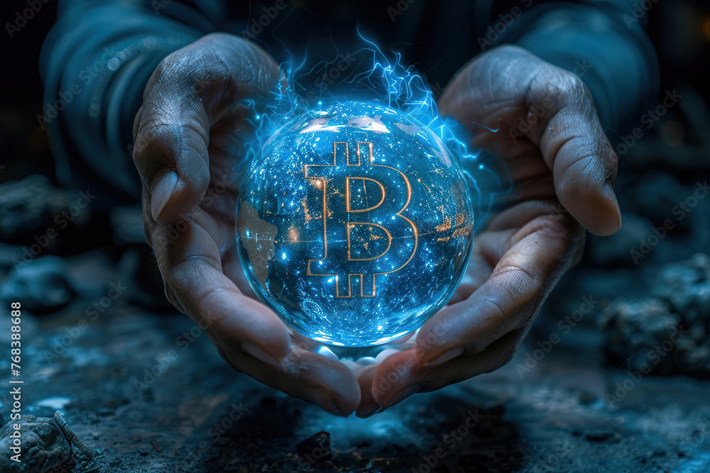 Poster futuristic concept of hands holding a glowing globe symbolizing bitcoin cryptocurrency and blockchai