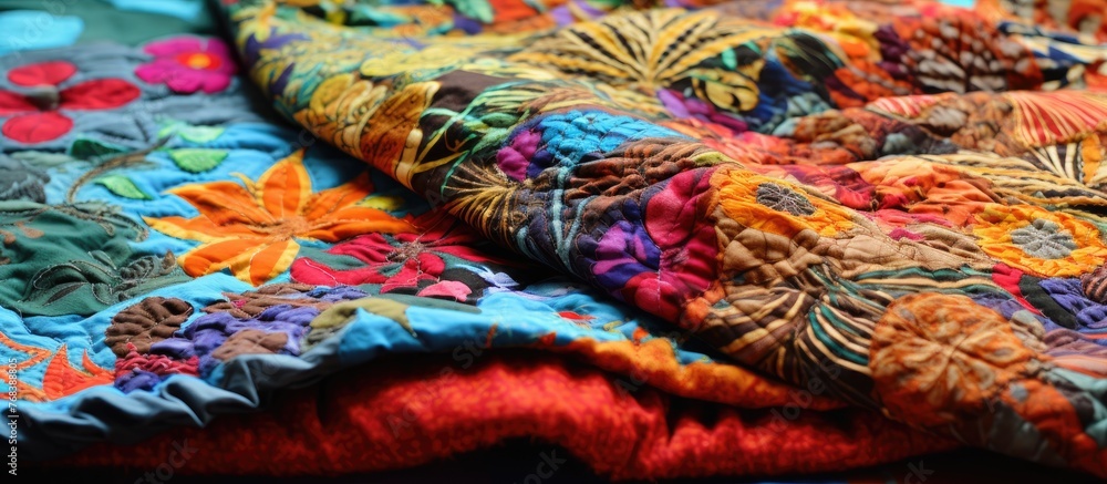 Poster vivid and intricate flower design on a close-up view of a colorful quilt, showcasing a beautiful and
