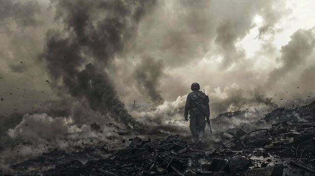 solitary soldier, battlefield aftermath, smoke clouds, birds fleeing, desolate ruins, combat zone, war devastation, soldier's silhouette, scattered debris, dramatic cloudscape, sense of loss