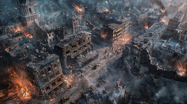 aerial bombardment, city on fire, military tanks, soldiers in formation, urban warfare, historic buildings, destruction, intense combat, smoke plumes, embers, war-torn, battleground, 