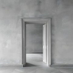A monochrome photograph of a wooden door with glass panels in a grey room. The transparent material adds depth to the darkness of the empty space