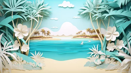 Foto op Plexiglas tropical paradise beach scene with white sand in paper cut style illustration © pjdesign