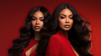Two African American models with long black wavy hair close together isolated on a solid red background created with Generative AI Technology