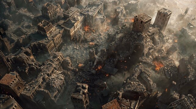 aerial view, destroyed city, ruins, smoke, fire, apocalypse, devastation, bombed buildings, rubble, disaster, urban decay, catastrophic event, warzone, aftermath, desolation, abandoned place