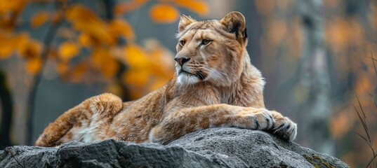 Lion resting on the rock. Generative AI technology.