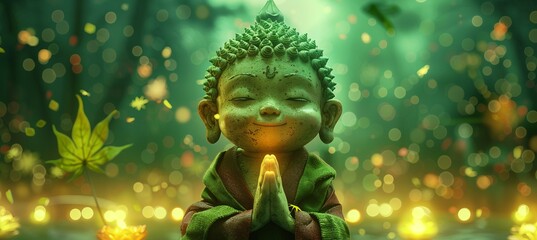 Young buddha statue meditation on forest. Religion Buddhism spirituality soul peace concept. Generative AI technology.	 - obrazy, fototapety, plakaty