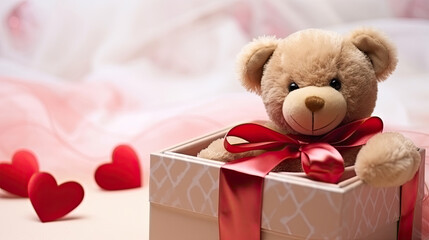 Brown teddy bear sitting in a gift box with a satin ribbon made with Generative AI Technology