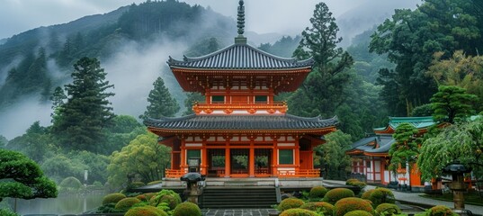 Japanese Shinto temple with nature forest. Generative AI technology.	
