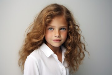 Portrait of a beautiful little girl with long curly hair in a white shirt.