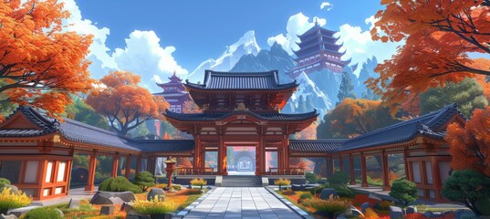 Japanese temple palace. Generative AI technology.	
 - obrazy, fototapety, plakaty