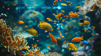 Fototapeta na wymiar Colorful Tropical Fishes Swimming in Coral Reef . Vivid tropical fish showcasing a burst of colors as they swim through the bustling ecosystem of a coral reef. 