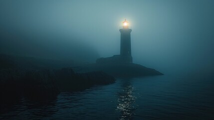 Calm landscape with a lonely lighthouse in the fog. Mystical and mysterious background. Generative AI