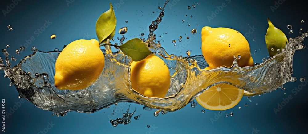 Poster three lemons are falling into a pool of electric blue liquid, creating a mesmerizing splash. this ev