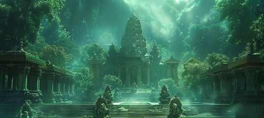 Grand Hindu temple at green mysterious jungle. Generative AI technology.	
