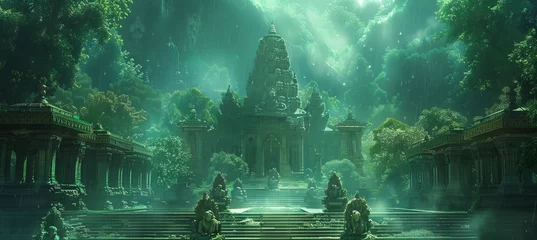 Deurstickers Bedehuis Grand Hindu temple at green mysterious jungle. Generative AI technology.  