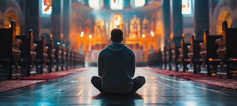 Man sitting at church hallway. Worship religion concept. Generative AI technology.