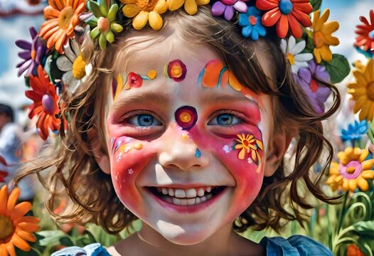 a photo realistic illustration of a young girl with her face painted with flowers and flowers all around at a fair. county fair. exhibition. child. kid