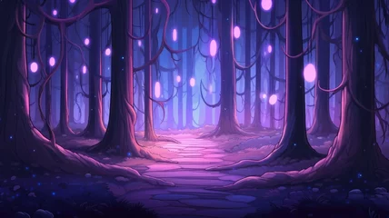 Gartenposter cartoon mystical forest aglow with orbs, casting an ethereal light over an enchanting, magical landscape © chesleatsz