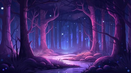 cartoon mystical forest aglow with orbs, casting an ethereal light over an enchanting, magical landscape