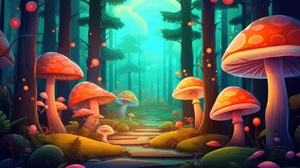 cartoon magical forest bathed in moonlight, with radiant mushrooms and plants under a mystical blue sky - obrazy, fototapety, plakaty