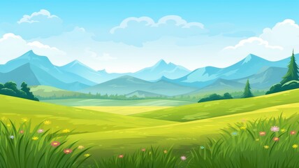 cartoon landscape with lush greenery and towering mountains under a clear blue sky