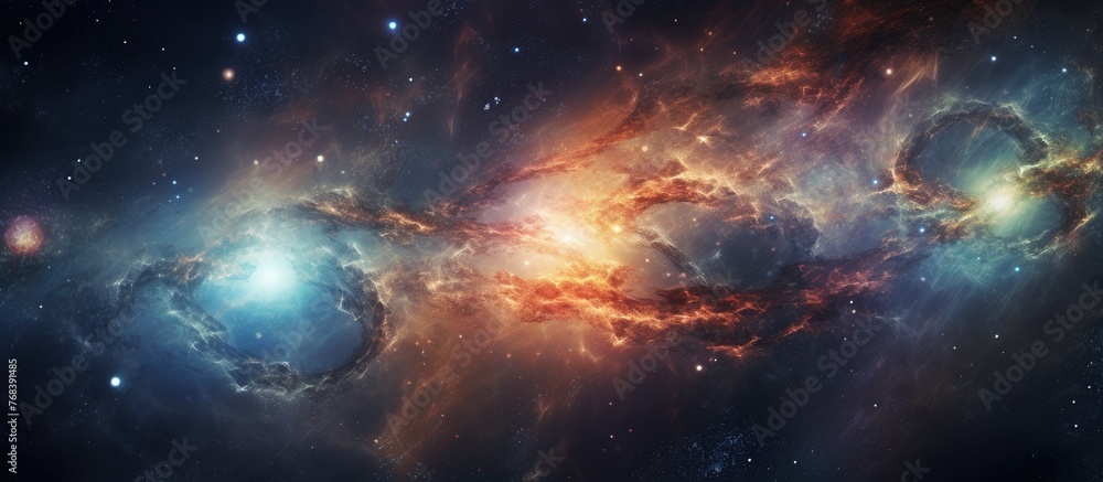 Poster an astronomical object resembling a colorful galaxy in space, with swirling clouds and vibrant hues 