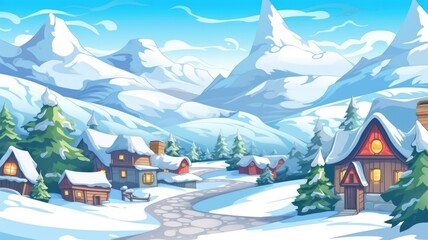 A quaint snowy cartoon village amidst mountains and pines under a clear blue sky, radiating winter serenity
