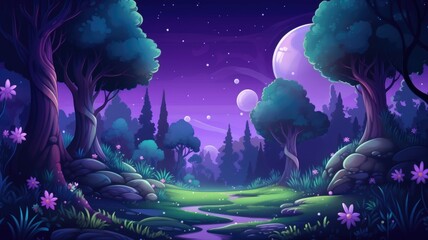 cartoon whimsical night forest scene with a bright moon, stars, and blooming flowers under a serene, starry sky