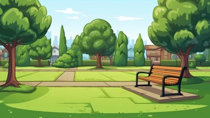 peaceful park scene with a welcoming wooden bench, vibrant green trees, and a clear blue sky