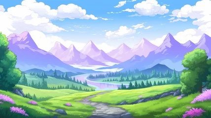 Rugzak cartoon landscape with lush greenery, a winding river, and majestic mountains under a clear sky © chesleatsz