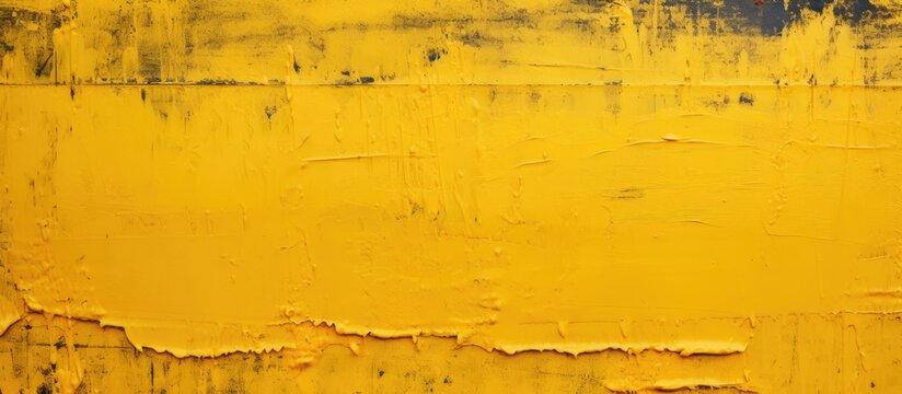 A closeup shot capturing the textured surface of a weathered yellow wall with paint peeling off in patchy layers, revealing hints of brown and amber tones