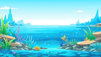 underwater cartoon scene with colorful coral and rocks, set against distant mountains under a clear sky