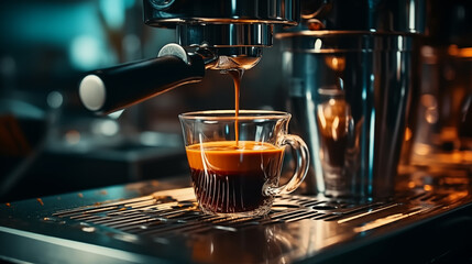 a cup of coffee brewed by an espresso machine - obrazy, fototapety, plakaty