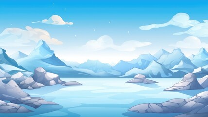 tranquil icy cartoon landscape with snow-capped mountains and calm waters under a sky dotted with fluffy clouds