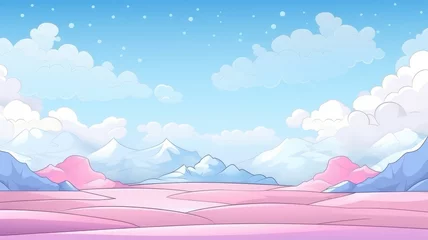 Fototapeten cartoon whimsical landscape with fluffy clouds and pastel mountains under a serene sky, where stars twinkle in harmony © chesleatsz