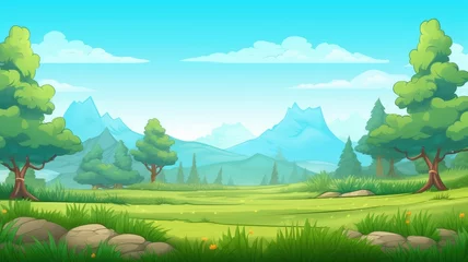  cartoon landscape, alive with lush greenery and towering trees under a clear blue sky © chesleatsz