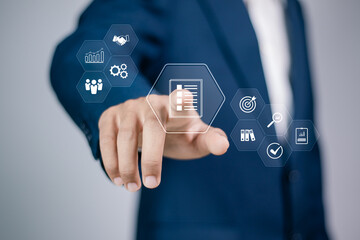 Control and business processes management concept. Efficient operation and increased profits. Businessman touching evaluation icon on virtual screen.