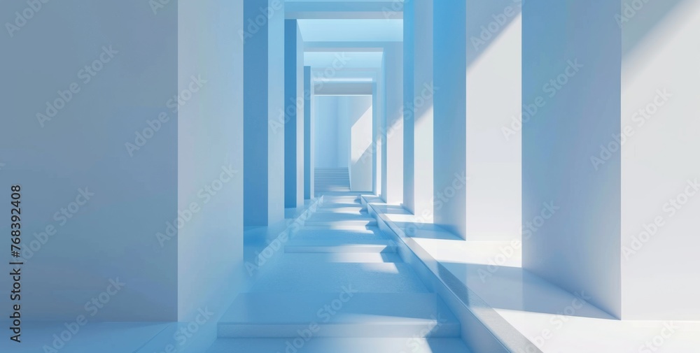 Poster abstract white background with empty stage for product presentation, blue light and shadows on the f