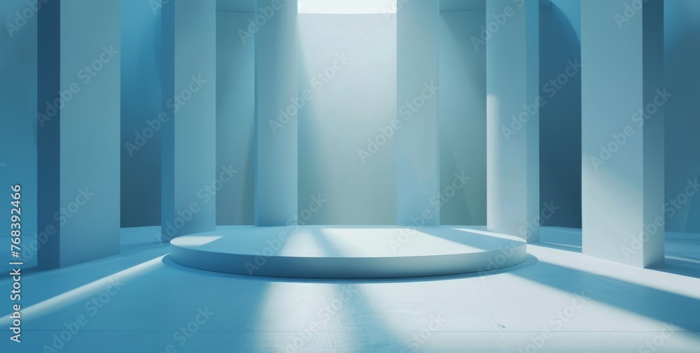 Poster abstract white background with empty stage for product presentation, blue light and shadows on the f