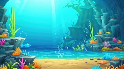 Poster cartoon underwater landscape with sunbeams highlighting colorful coral, rocks, and aquatic life © chesleatsz