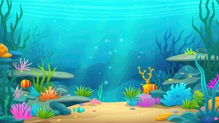 cartoon underwater landscape with sunbeams highlighting colorful coral, rocks, and aquatic life