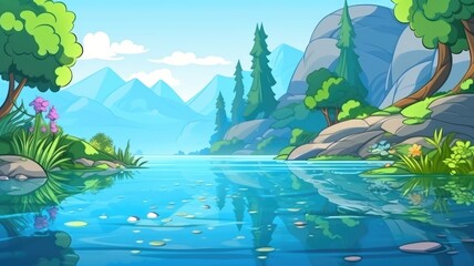 Fototapeta na wymiar tranquil cartoon landscape with a reflective lake, vibrant greenery, and distant mountains