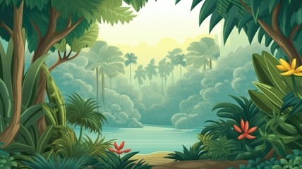 Fototapeta na wymiar A lush, vibrant jungle scene inviting exploration and imagination cartoon illustration