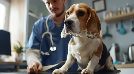 Veterinarian sitting with beagle dog on table in clinic