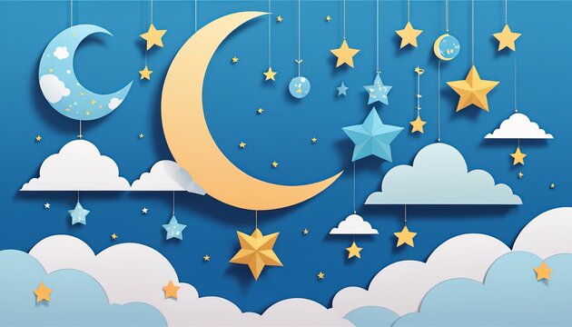 Baby Boy Shower Card: Cute Paper Cut of Crescent Moon and Stars on Blue Sky