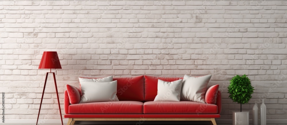Aufkleber close-up view showcasing a vibrant red couch adorned with cushions and complemented by a stylish lam