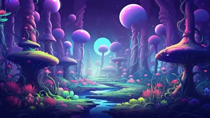 Deurstickers cartoon night landscape with vibrant flowers, towering plants, and a glowing moon against a starry sky © chesleatsz